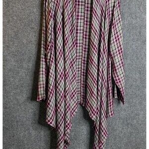 Knox Rose  Open Cardigan Shirt Waterfall Front Maroon Plaid Sz L Rayon Tan Roll